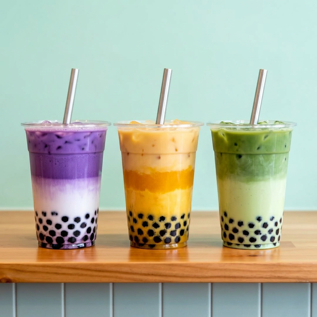 Layered ube boba milk tea